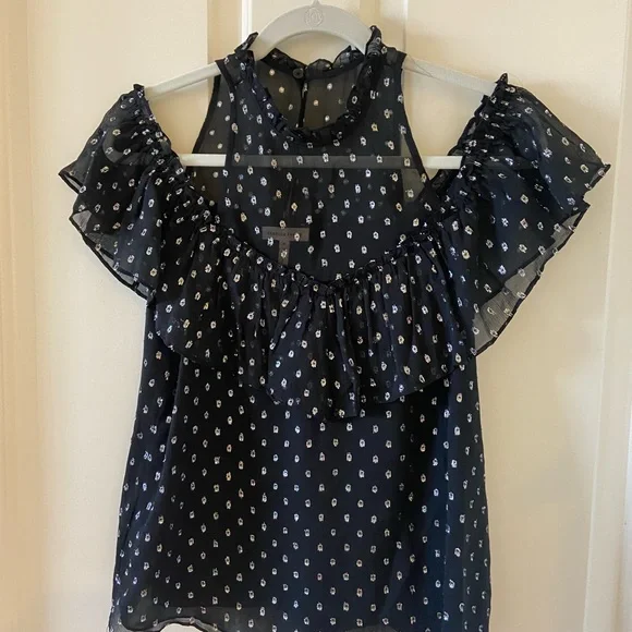 Rebecca Taylor Womens Top Blouse Black With Silver Dots Size 4 Off The Shoulder - Picture 4 of 5